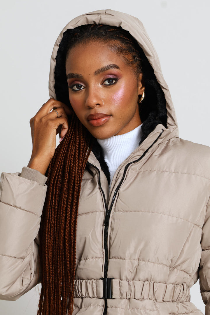 Contrast Fur Lining Waisted Ski Puffer Jacket - Taupe