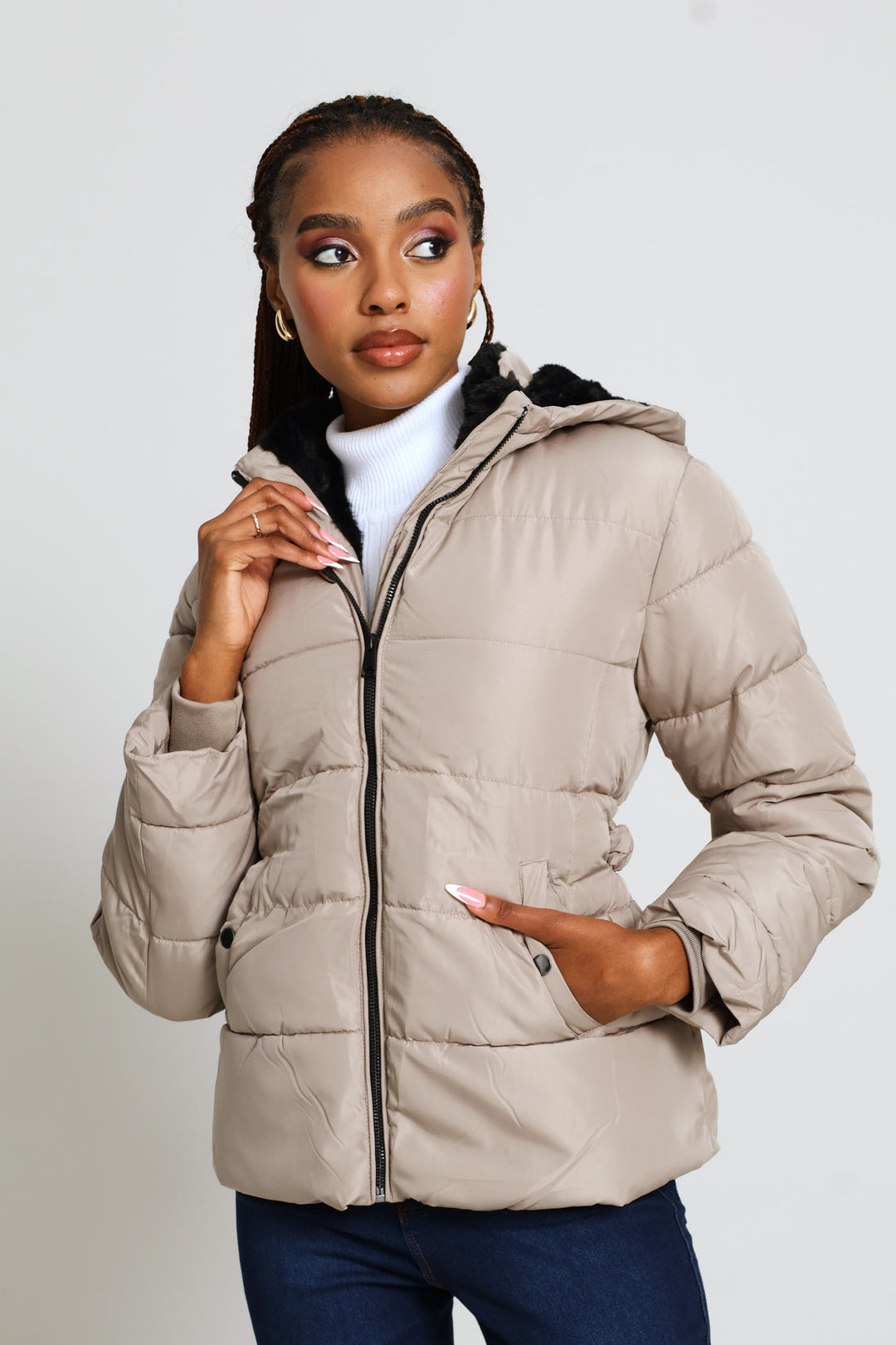 Contrast Fur Lining Waisted Ski Puffer Jacket - Taupe