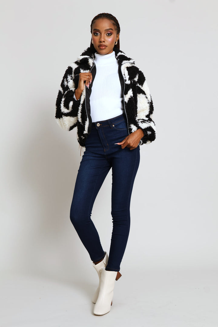 Printed Zip Thru Bomber Jacket - White/Black