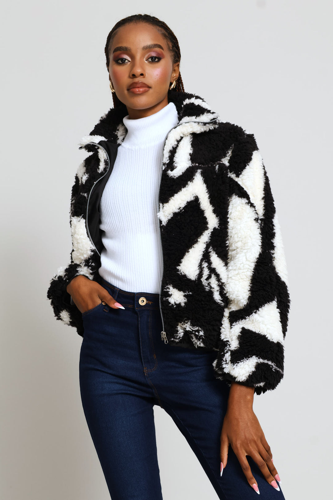 Printed Zip Thru Bomber Jacket - White/Black