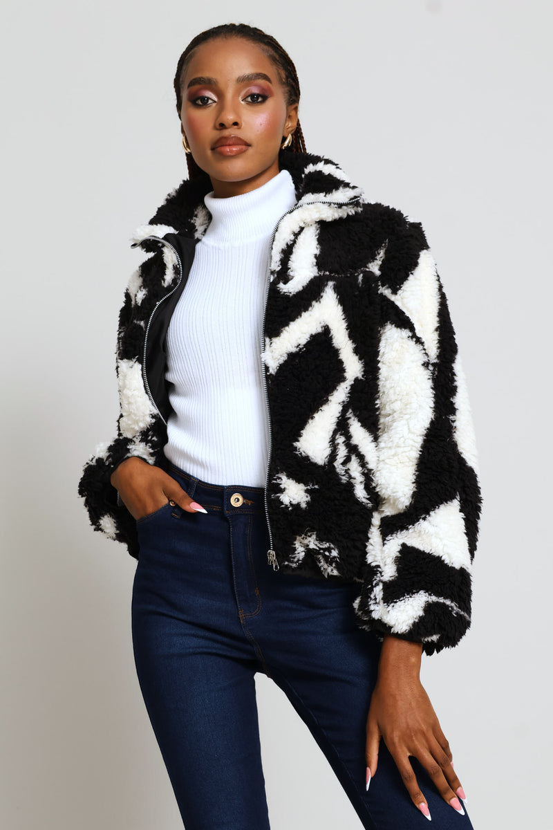 Printed Zip Thru Bomber Jacket - White/Black