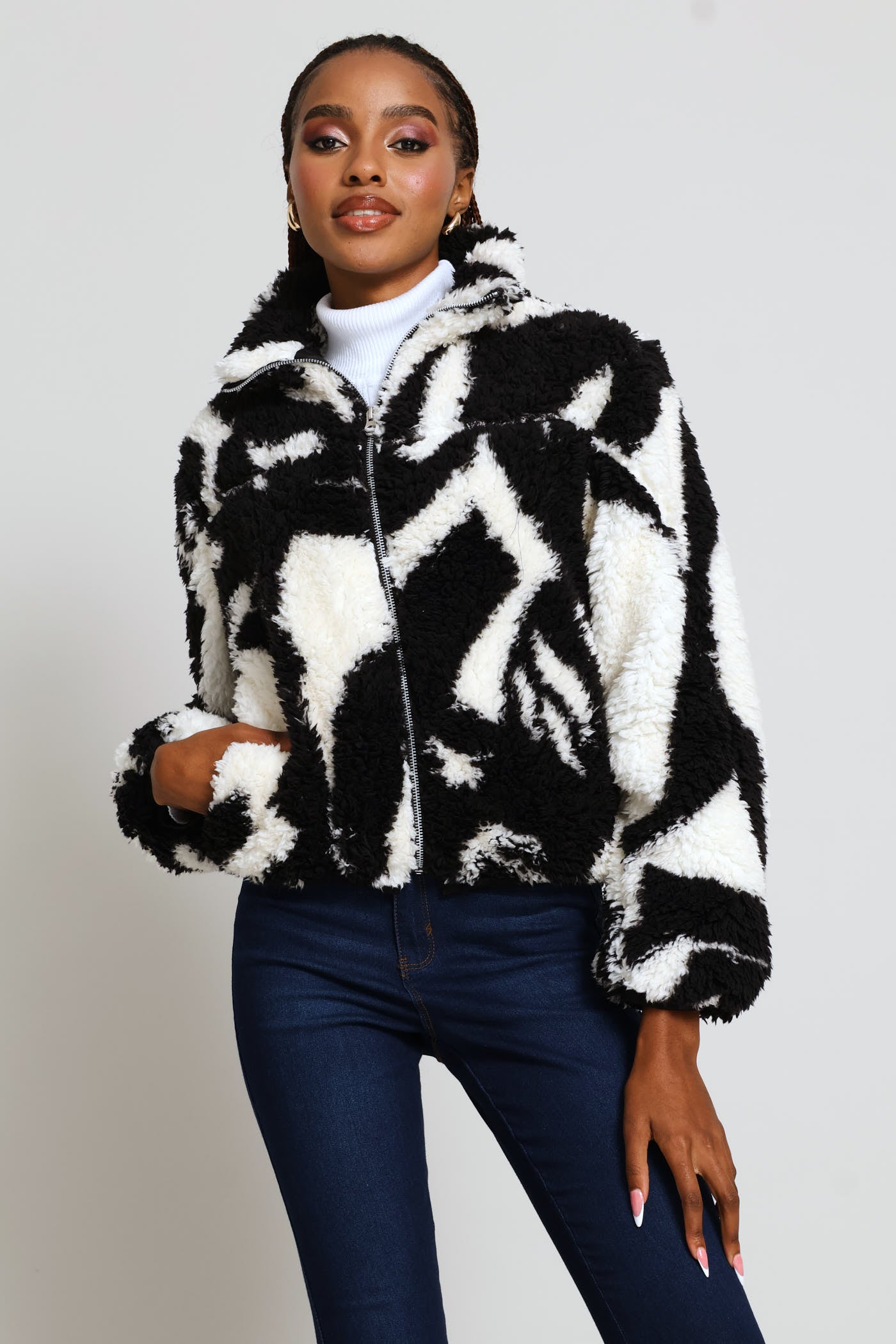 Ladies Printed Zip Thru Bomber Jacket - White/Black – Edgars