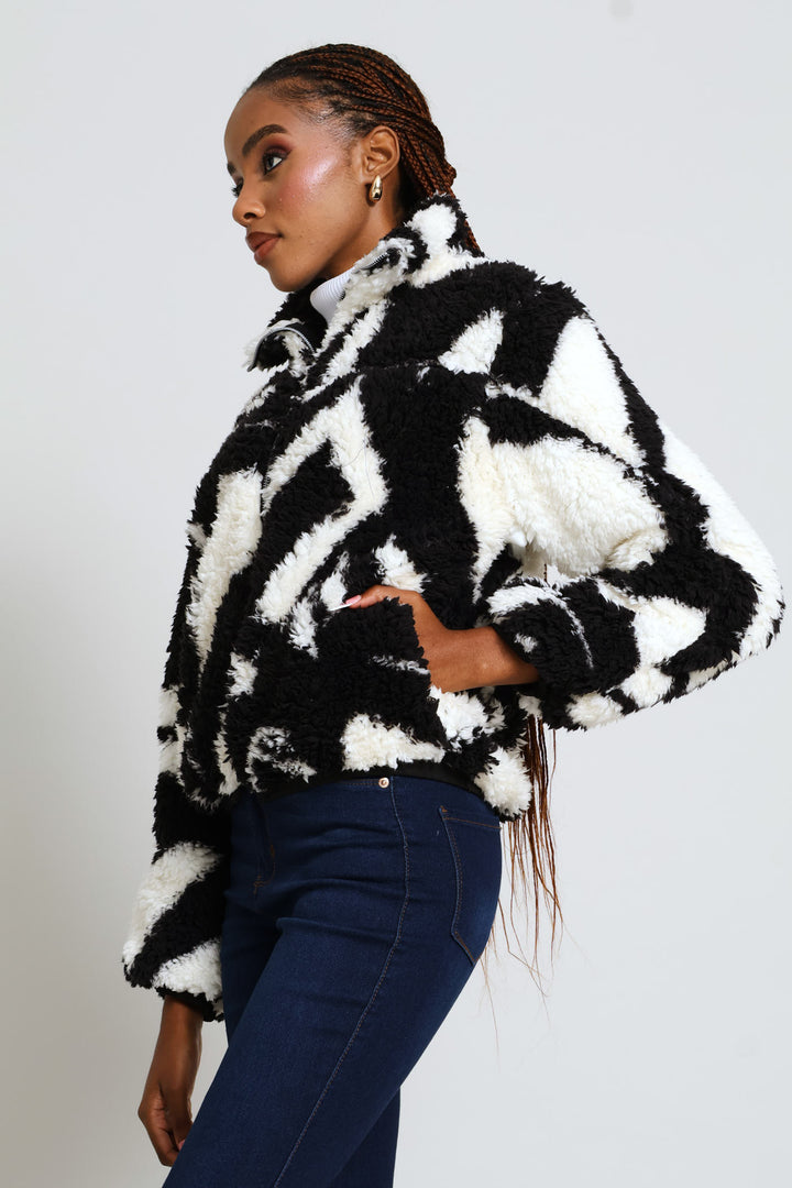 Printed Zip Thru Bomber Jacket - White/Black
