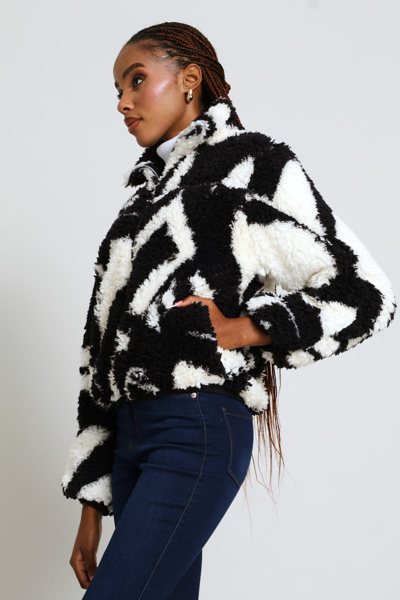 Printed Zip Thru Bomber Jacket - White/Black