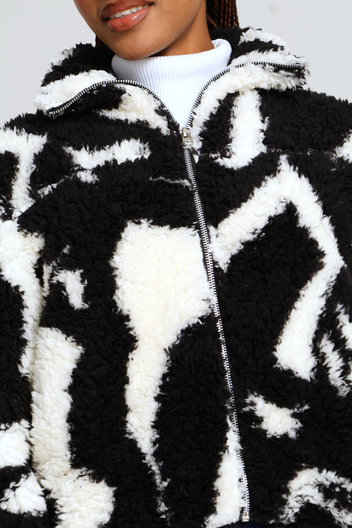 Printed Zip Thru Bomber Jacket - White/Black