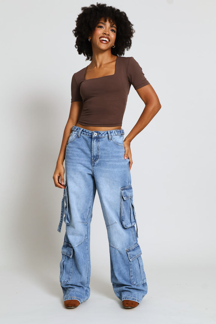 Adjustable Waist Wide Leg Cargo Denim - Salty Mid Wash