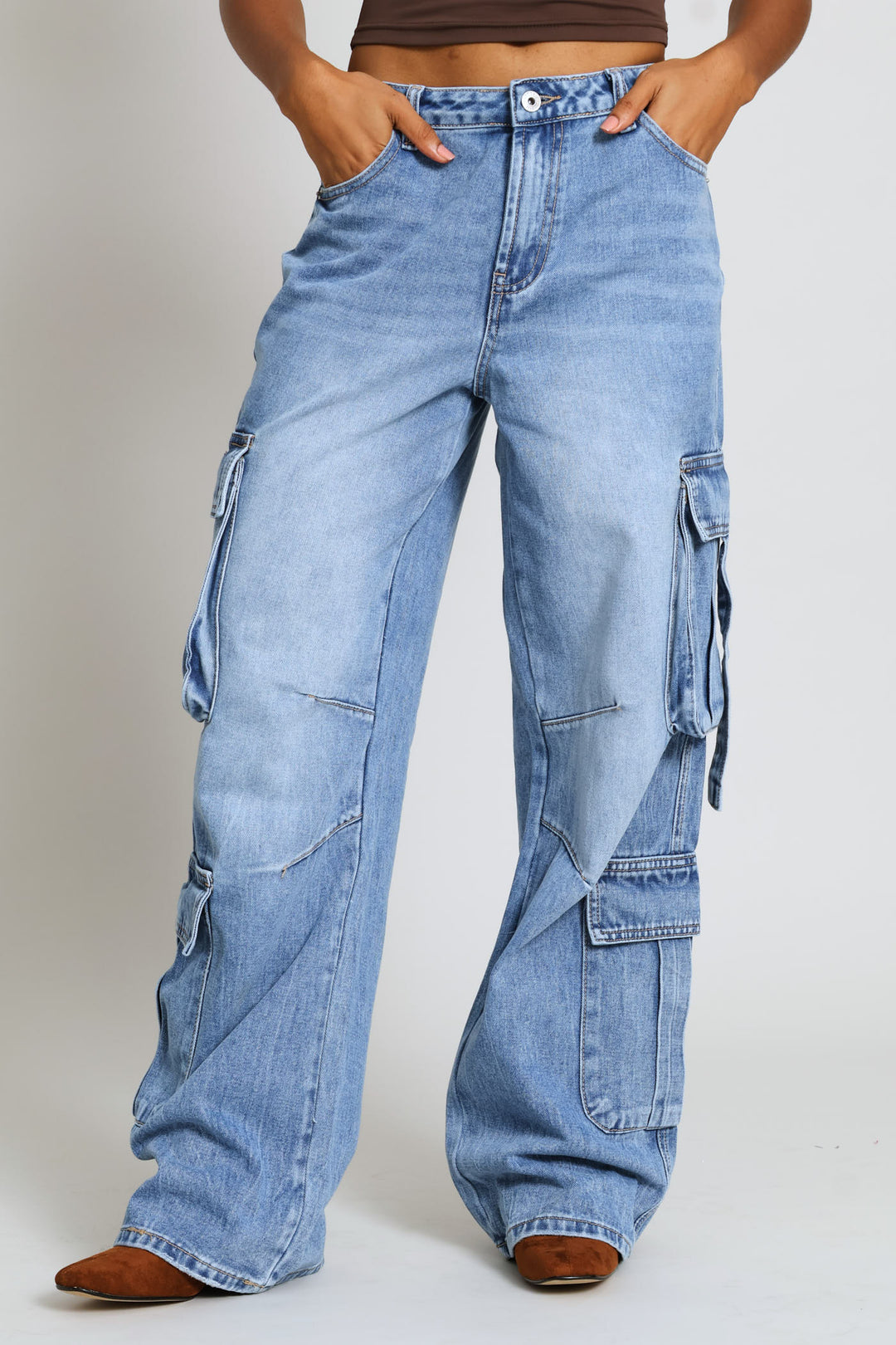 Adjustable Waist Wide Leg Cargo Denim - Salty Mid Wash