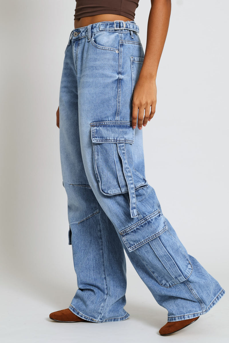 Adjustable Waist Wide Leg Cargo Denim - Salty Mid Wash