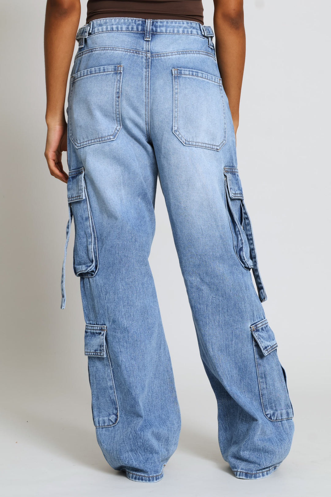 Adjustable Waist Wide Leg Cargo Denim - Salty Mid Wash