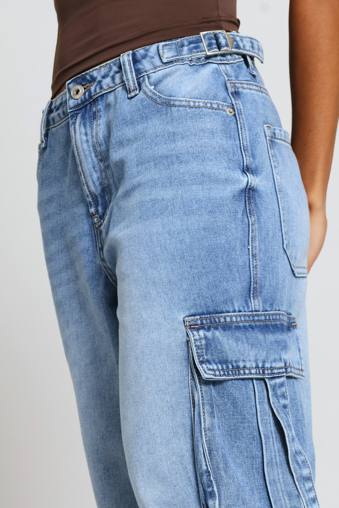 Adjustable Waist Wide Leg Cargo Denim - Salty Mid Wash