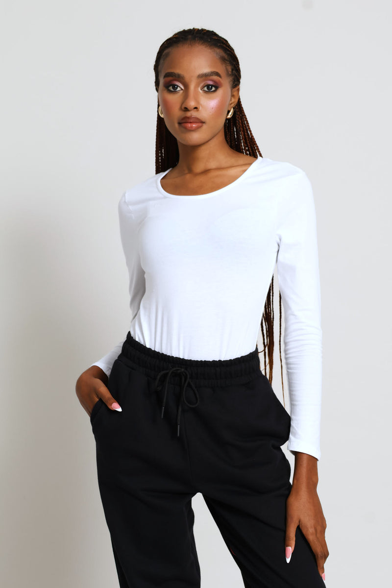 Long Sleeve Scoop Neck Bodysuit - White