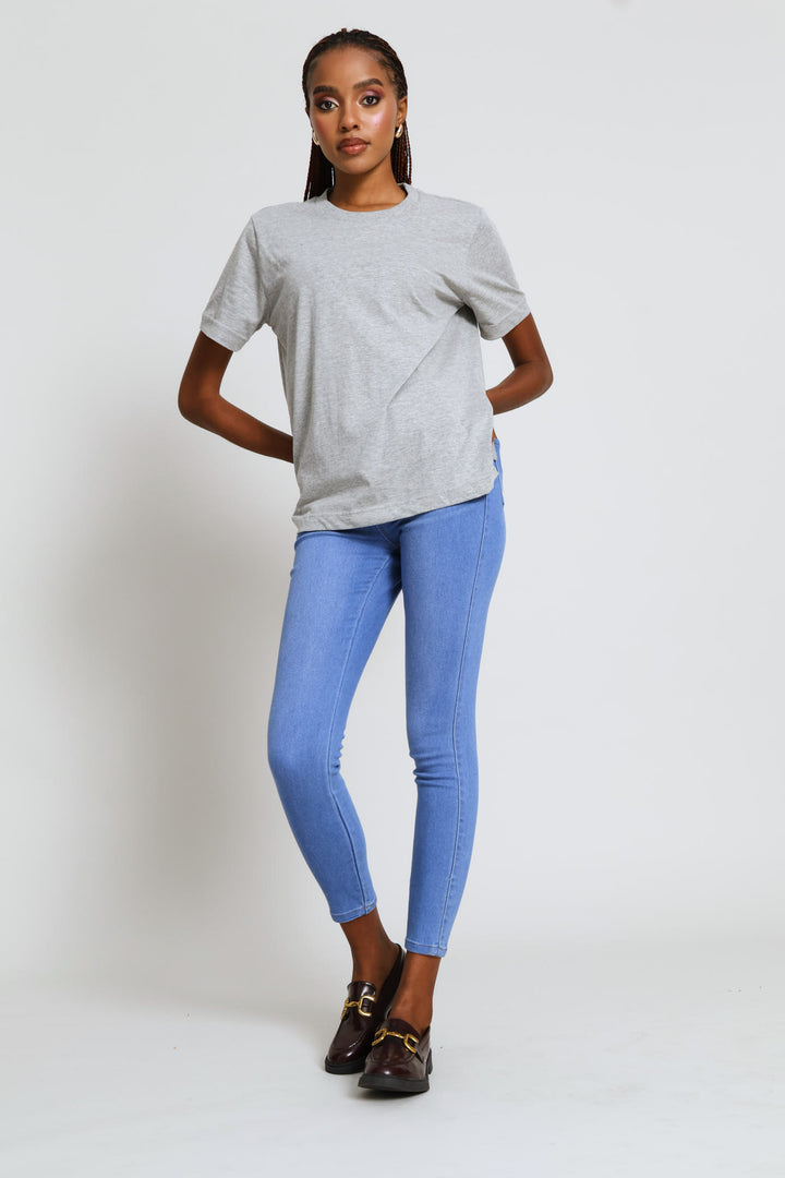 Rib Neck Cotton Boxy Tee - Grey Melange