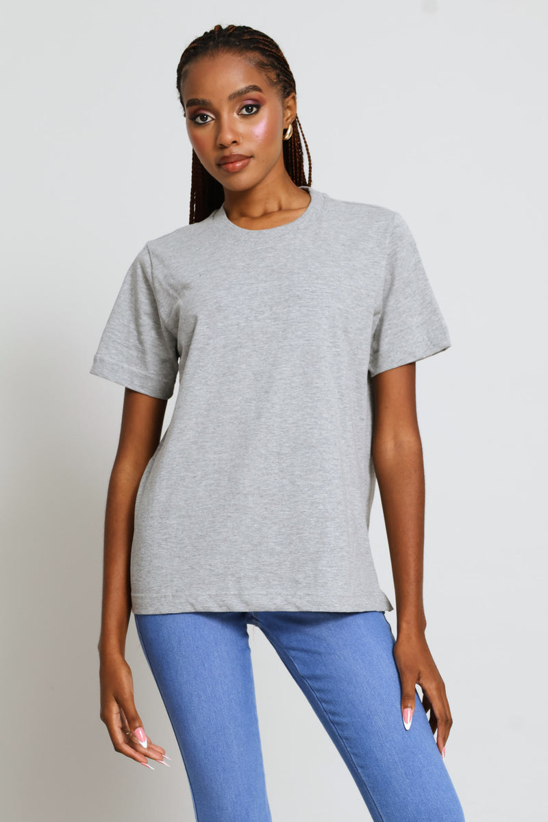 Rib Neck Cotton Boxy Tee - Grey Melange