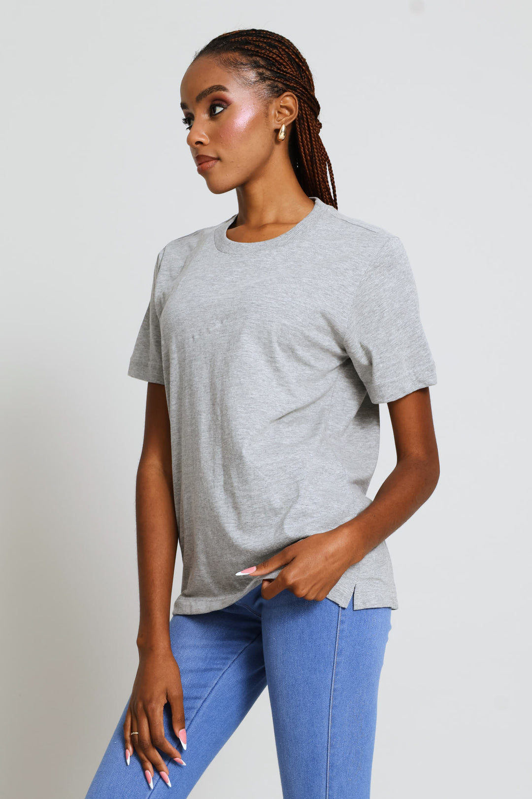 Rib Neck Cotton Boxy Tee - Grey Melange