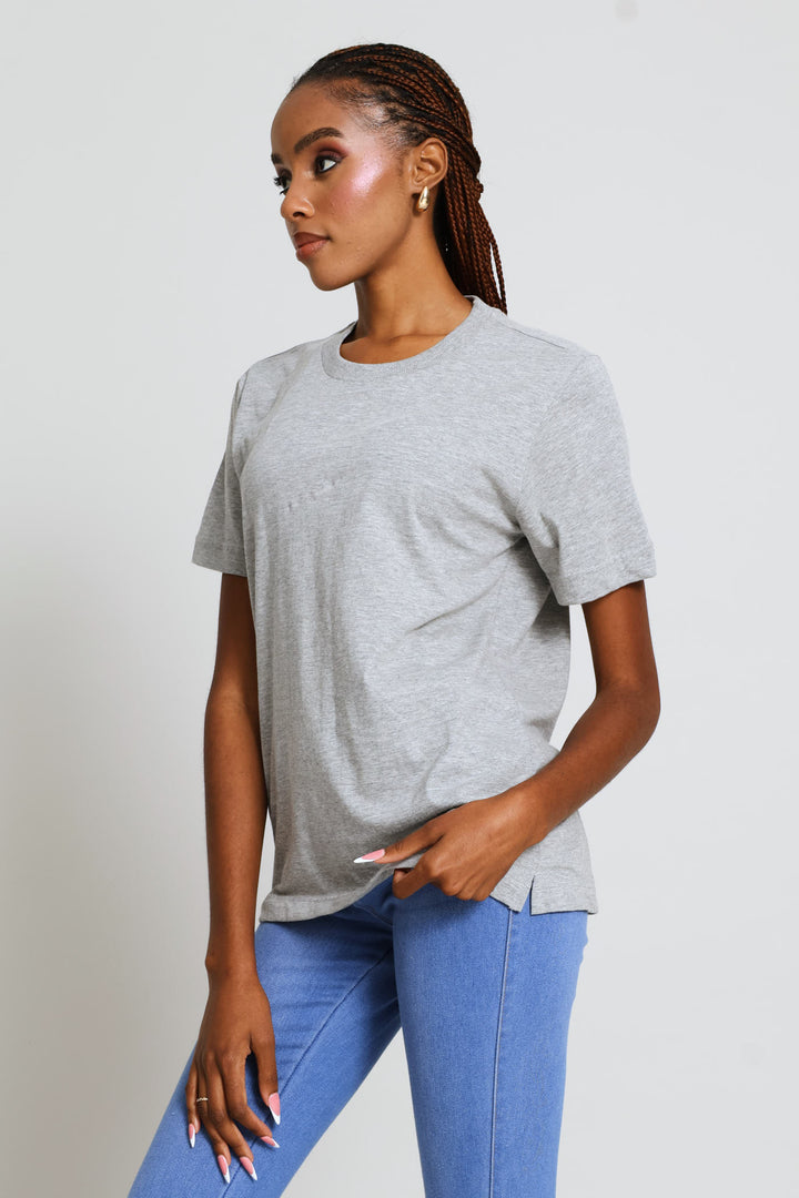 Rib Neck Cotton Boxy Tee - Grey Melange