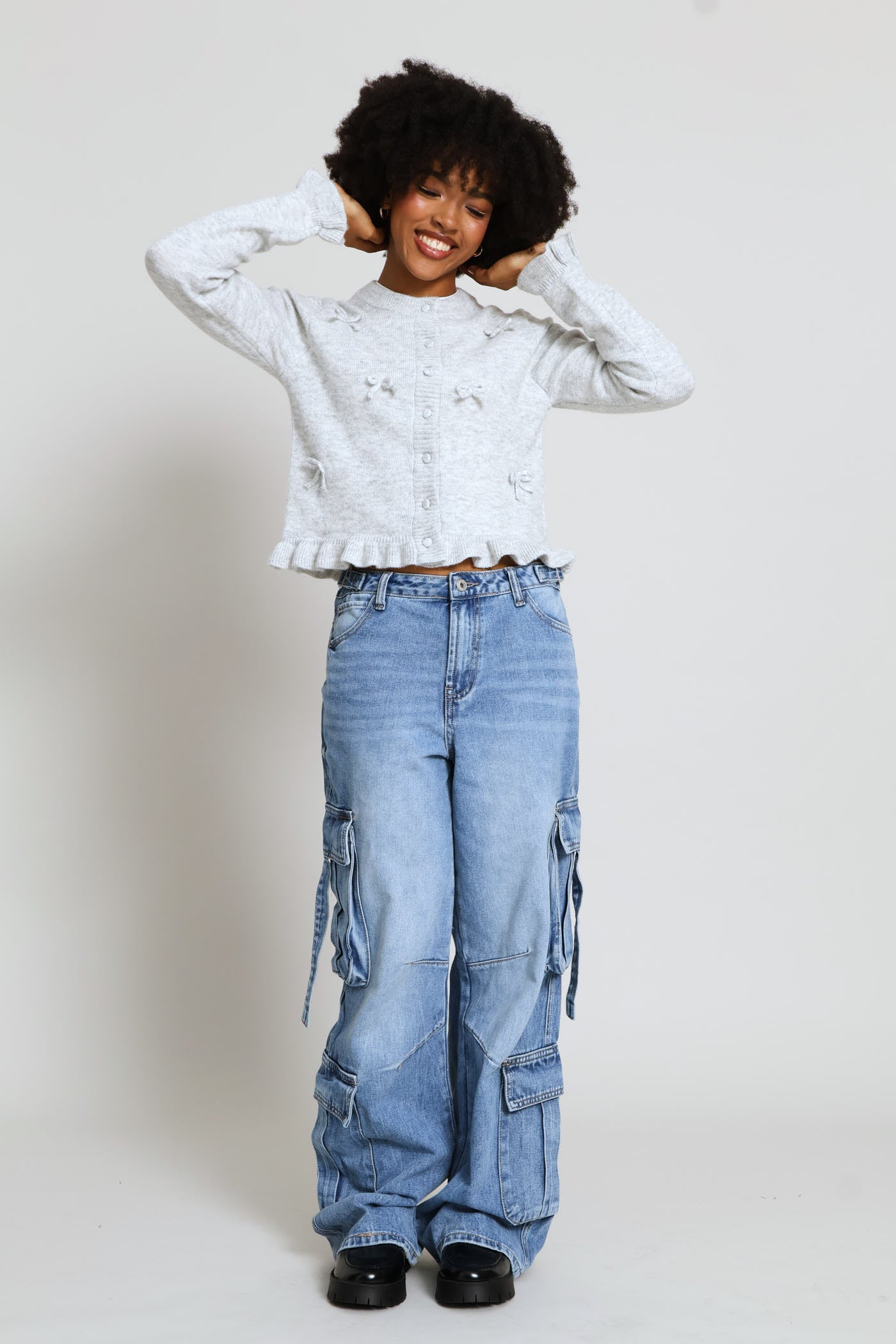 Ladies Frill & 3D Bows Crew Cardigan - Grey – Edgars