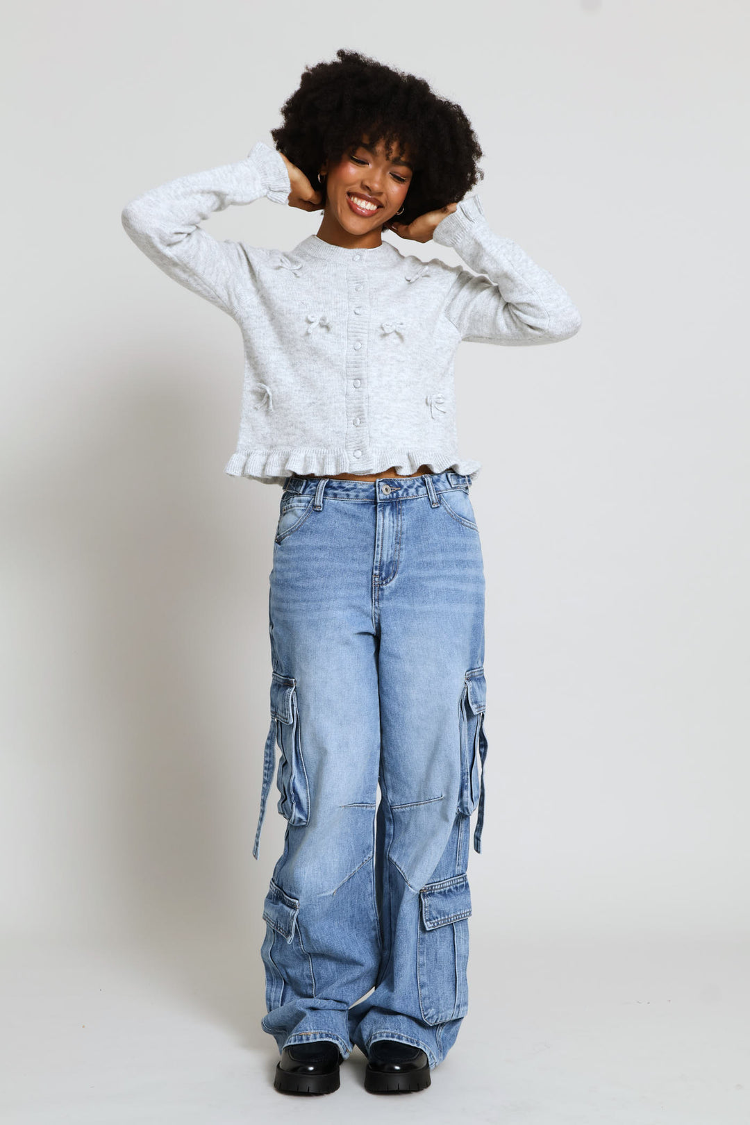 Frill & 3D Bows Crew Cardigan - Grey