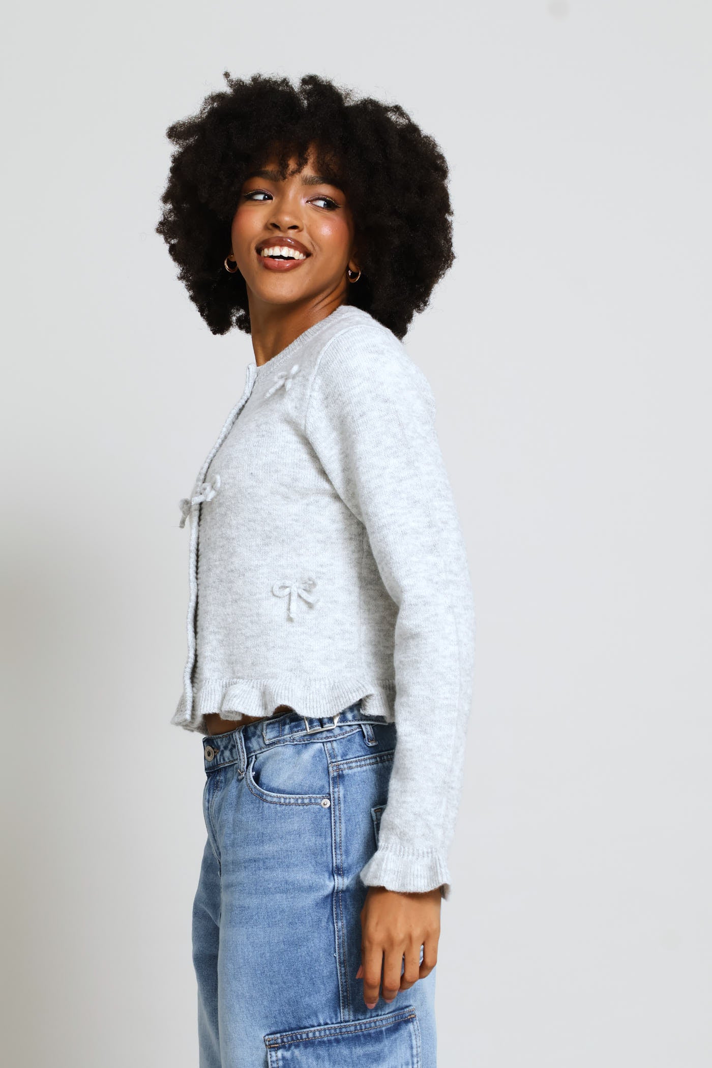 Ladies Frill & 3D Bows Crew Cardigan - Grey – Edgars
