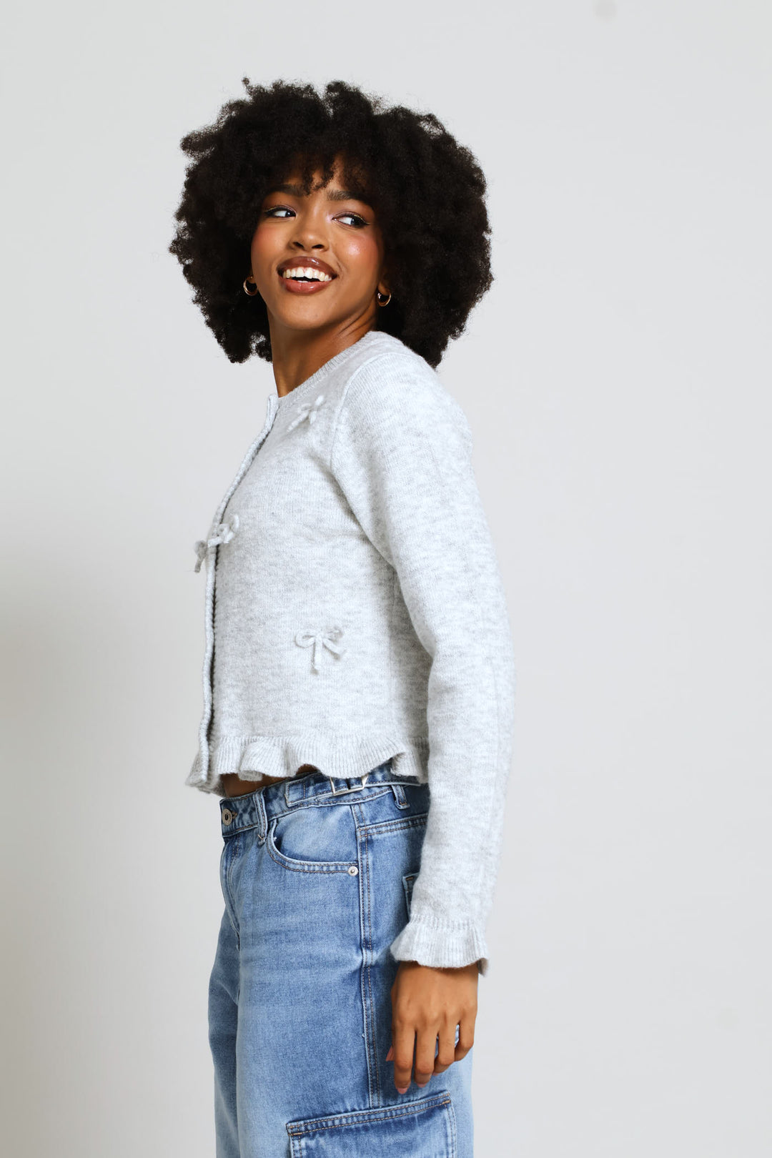 Frill & 3D Bows Crew Cardigan - Grey