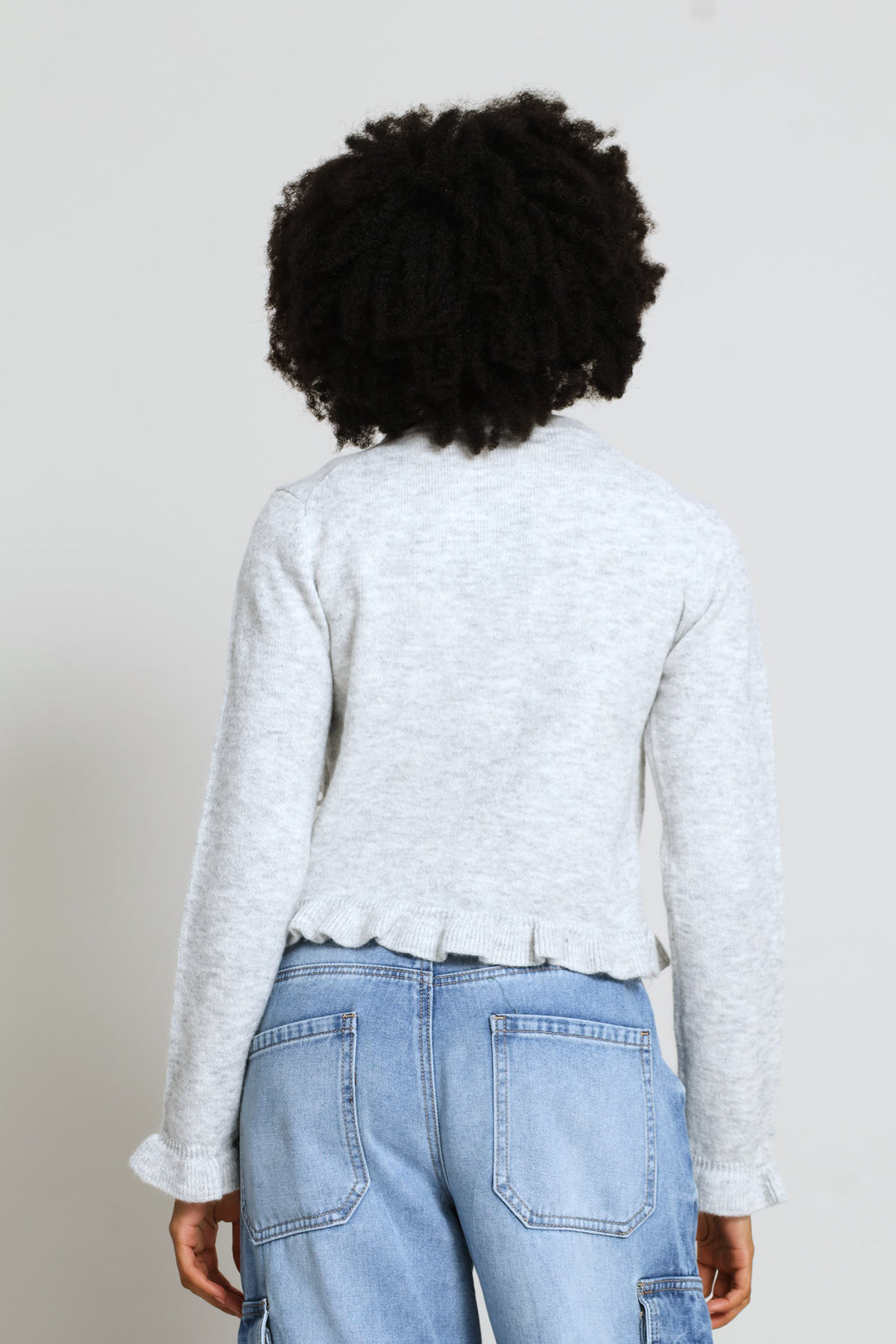 Frill & 3D Bows Crew Cardigan - Grey