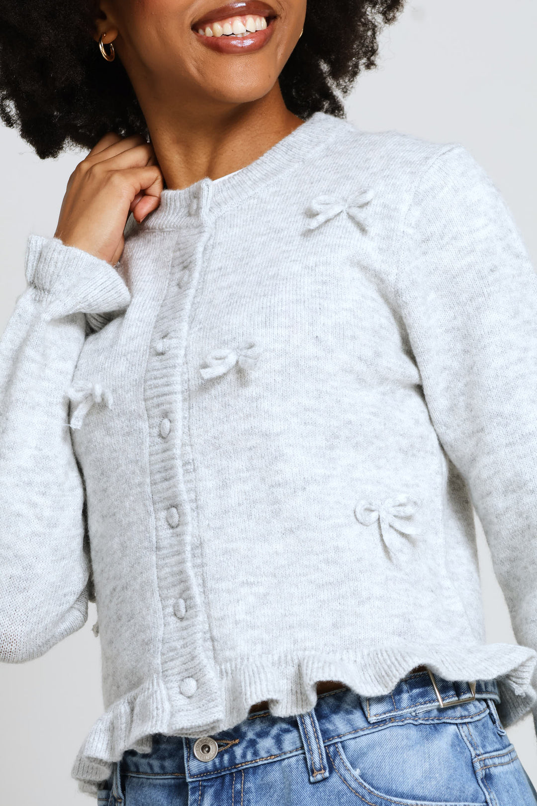 Frill & 3D Bows Crew Cardigan - Grey
