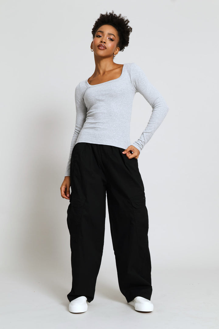 Long Sleeve Rib Square Neck Basic Tee - Grey Melange