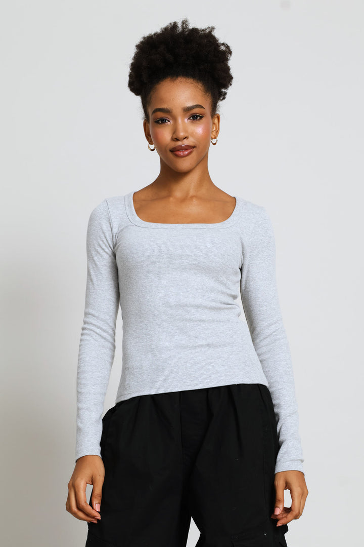 Long Sleeve Rib Square Neck Basic Tee - Grey Melange