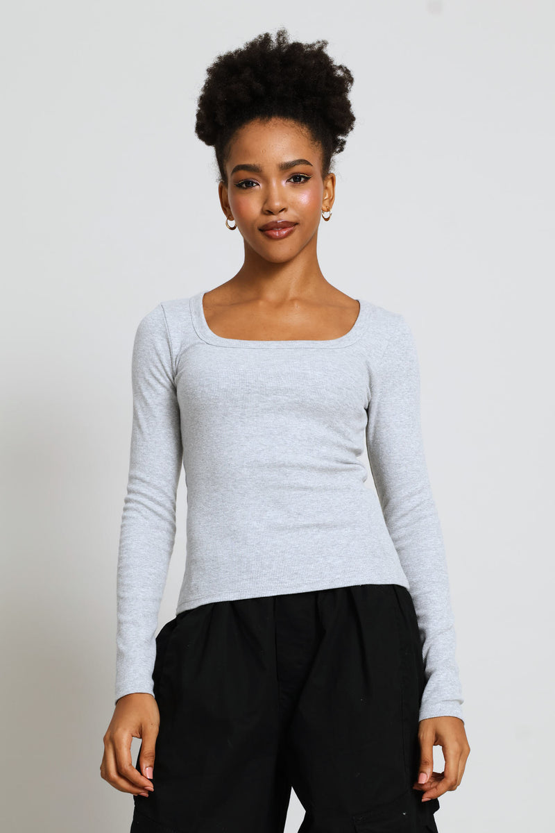 Long Sleeve Rib Square Neck Basic Tee - Grey Melange
