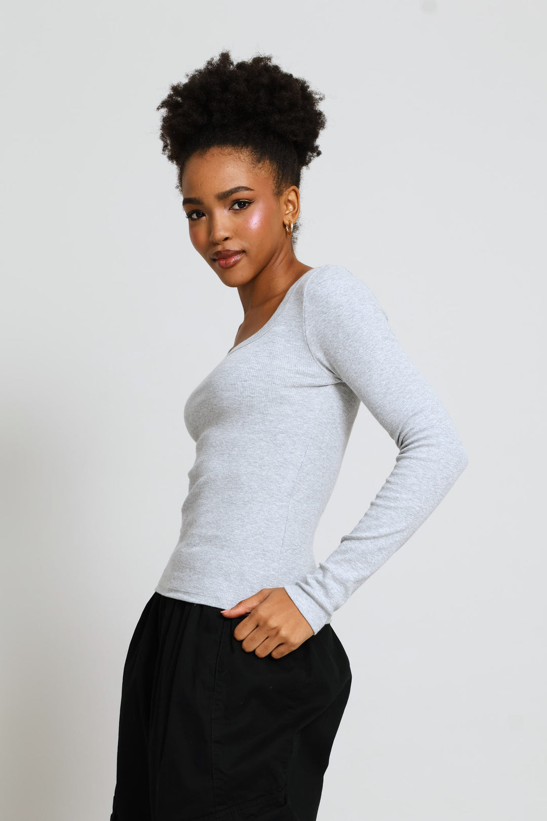 Long Sleeve Rib Square Neck Basic Tee - Grey Melange