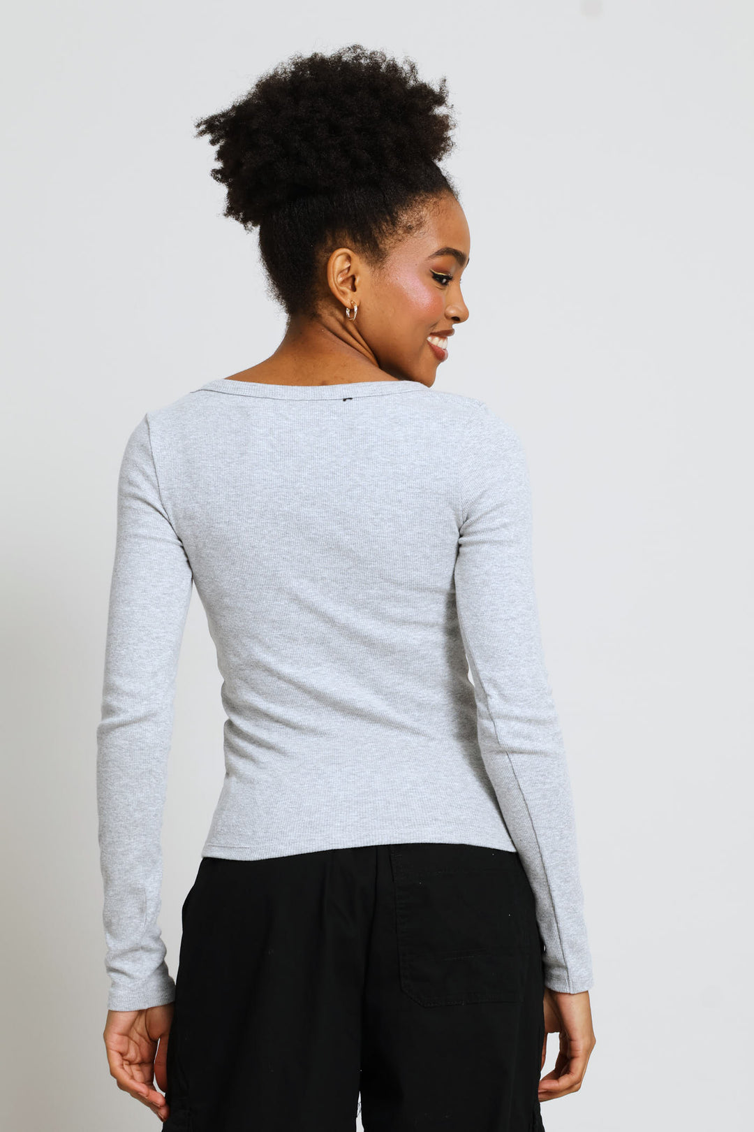 Long Sleeve Rib Square Neck Basic Tee - Grey Melange