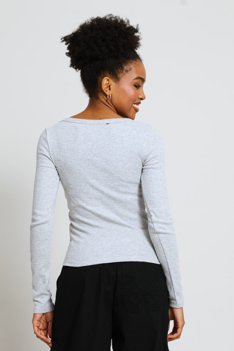 Long Sleeve Rib Square Neck Basic Tee - Grey Melange