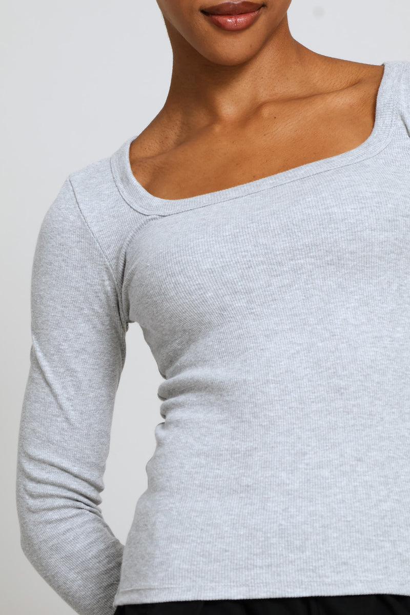 Long Sleeve Rib Square Neck Basic Tee - Grey Melange