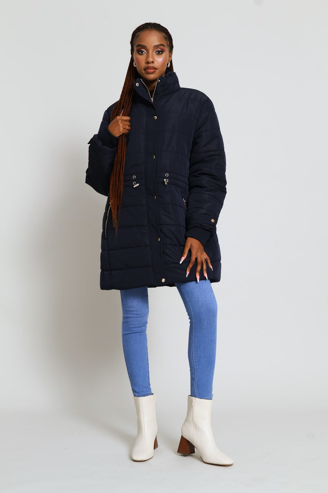 Waisted Quilted Parka Puffer Jacket - Dark Navy