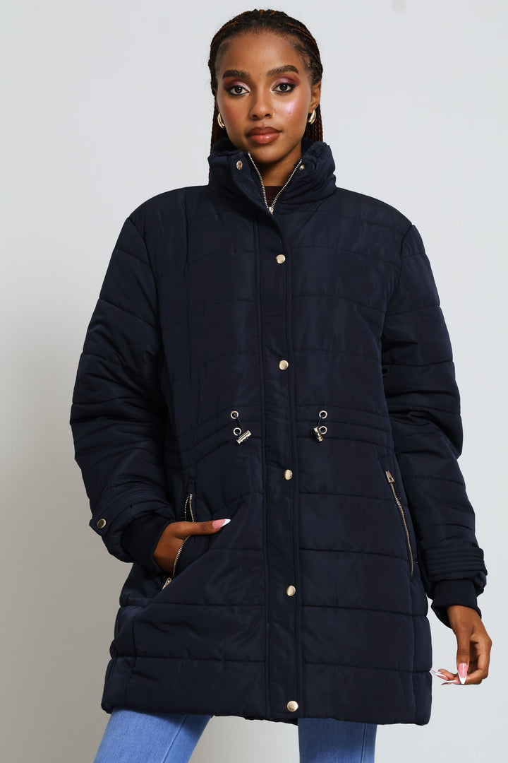 Waisted Quilted Parka Puffer Jacket - Dark Navy