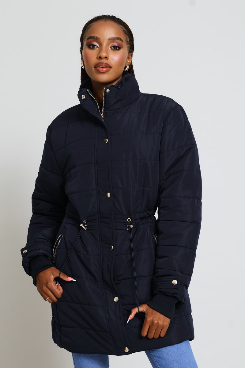 Waisted Quilted Parka Puffer Jacket - Dark Navy