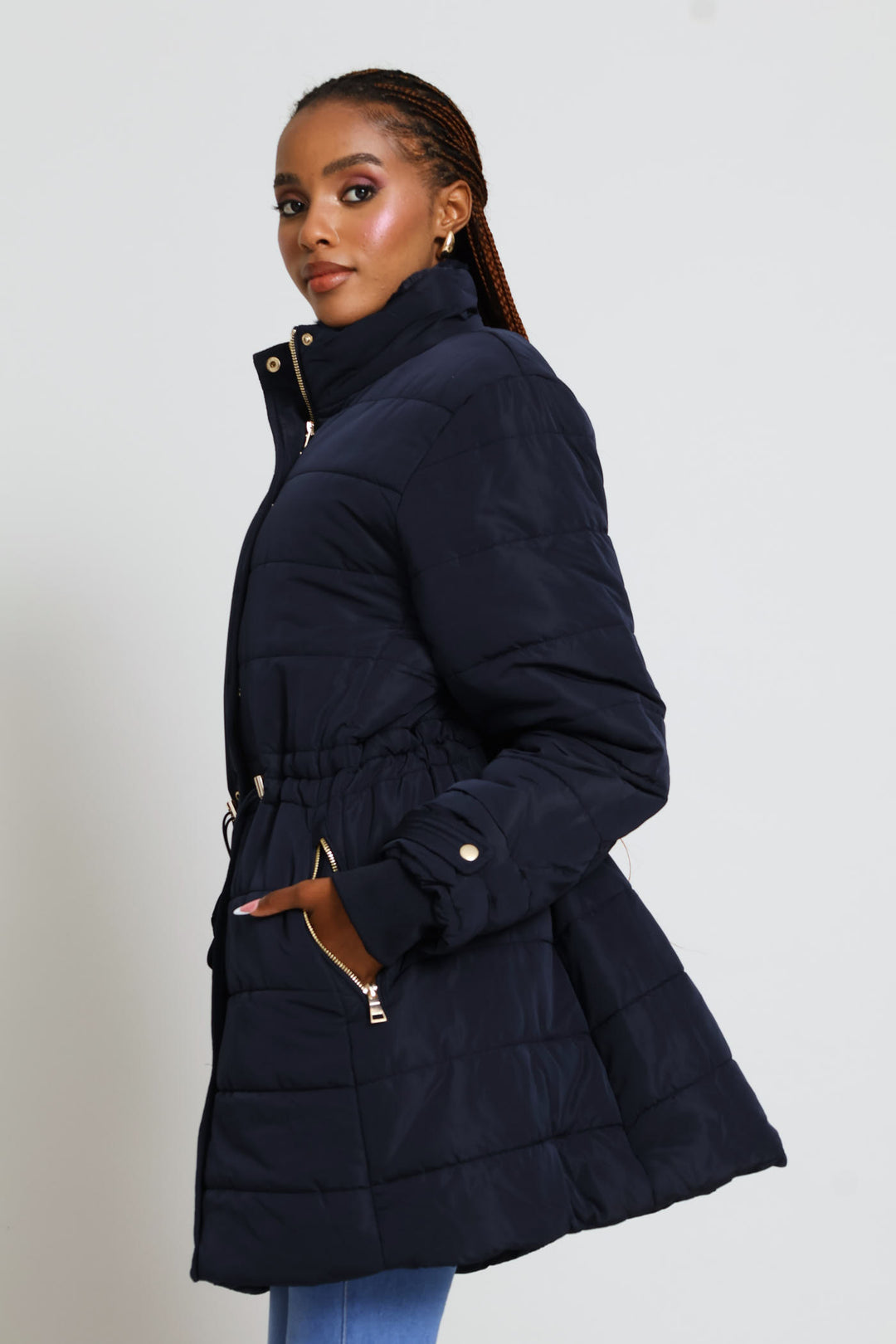 Waisted Quilted Parka Puffer Jacket - Dark Navy