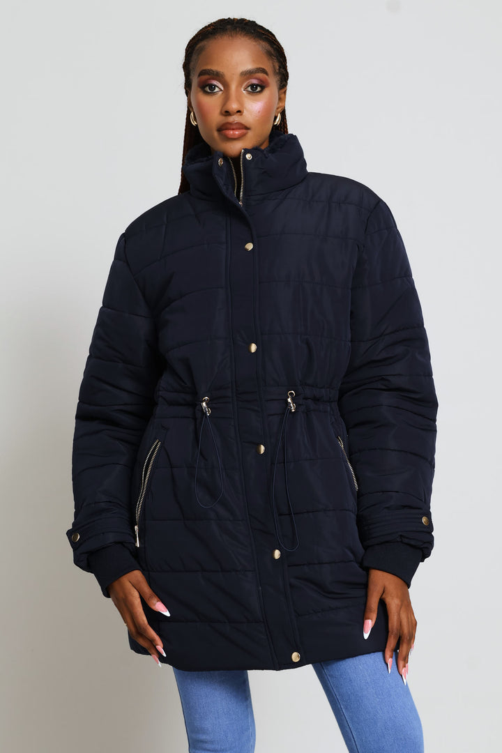 Waisted Quilted Parka Puffer Jacket - Dark Navy