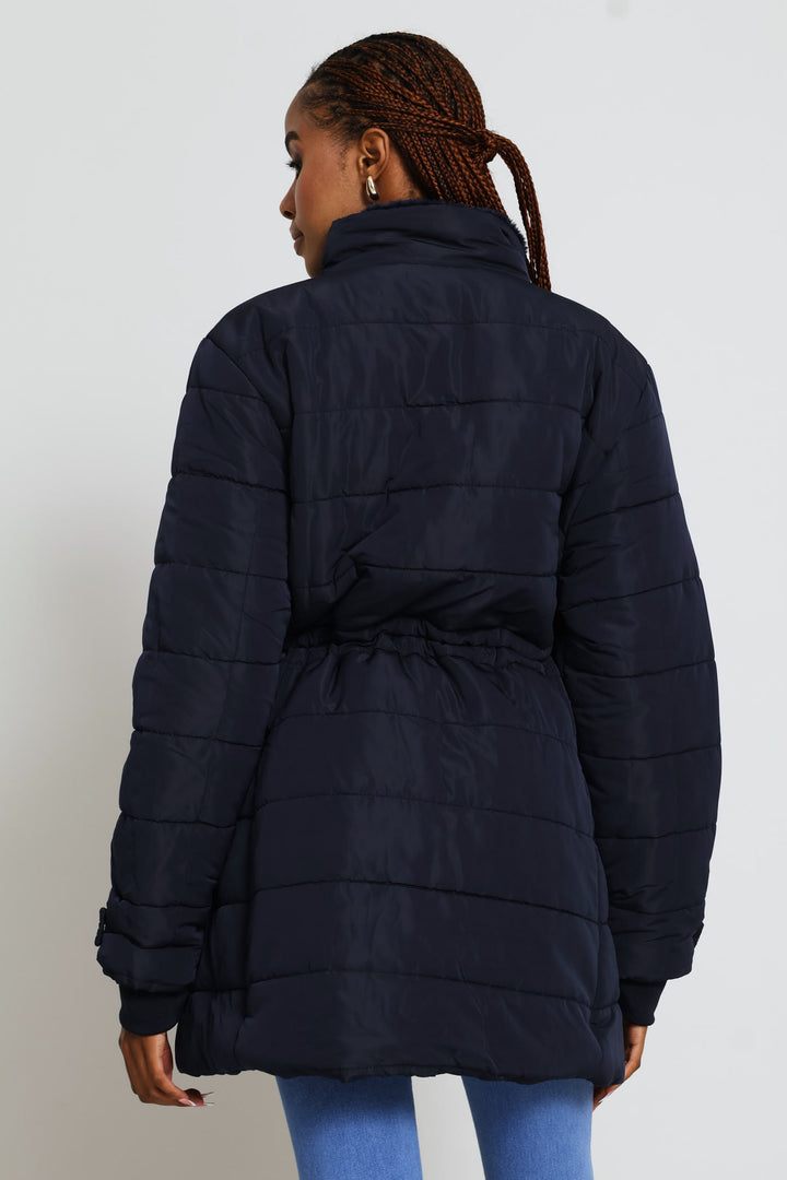 Waisted Quilted Parka Puffer Jacket - Dark Navy