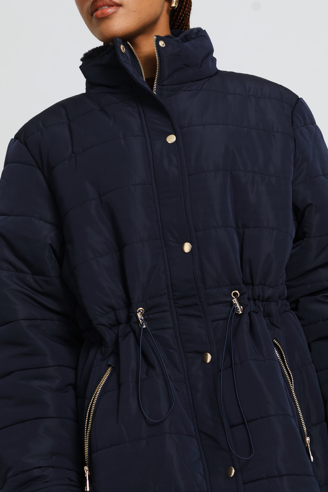 Waisted Quilted Parka Puffer Jacket - Dark Navy