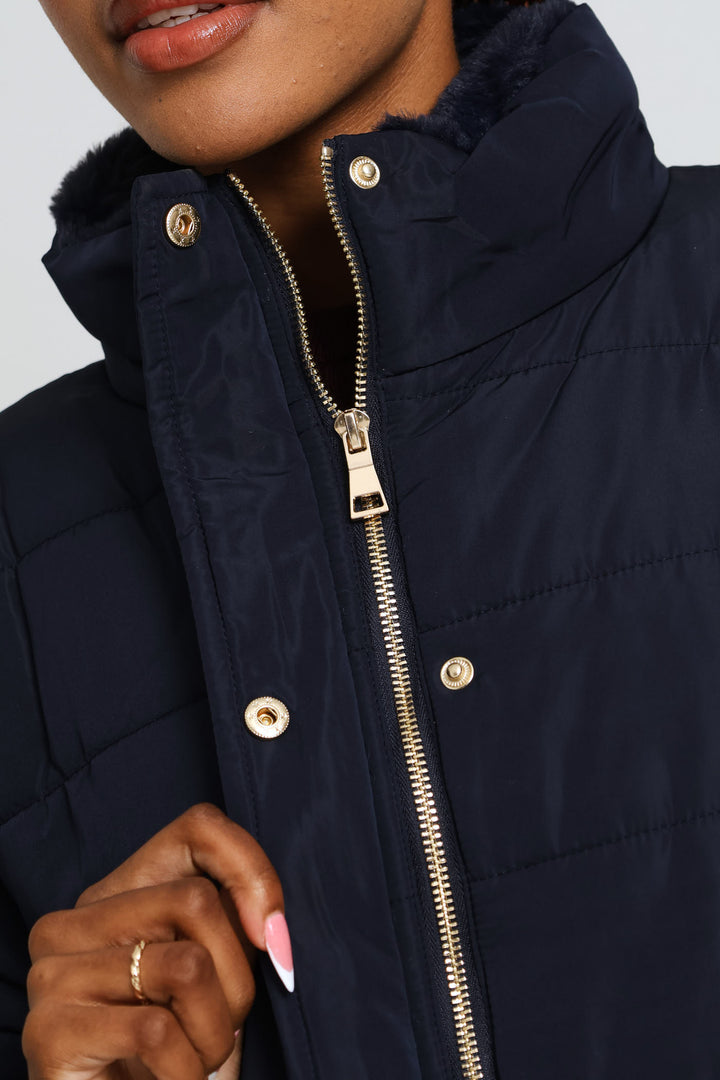 Waisted Quilted Parka Puffer Jacket - Dark Navy