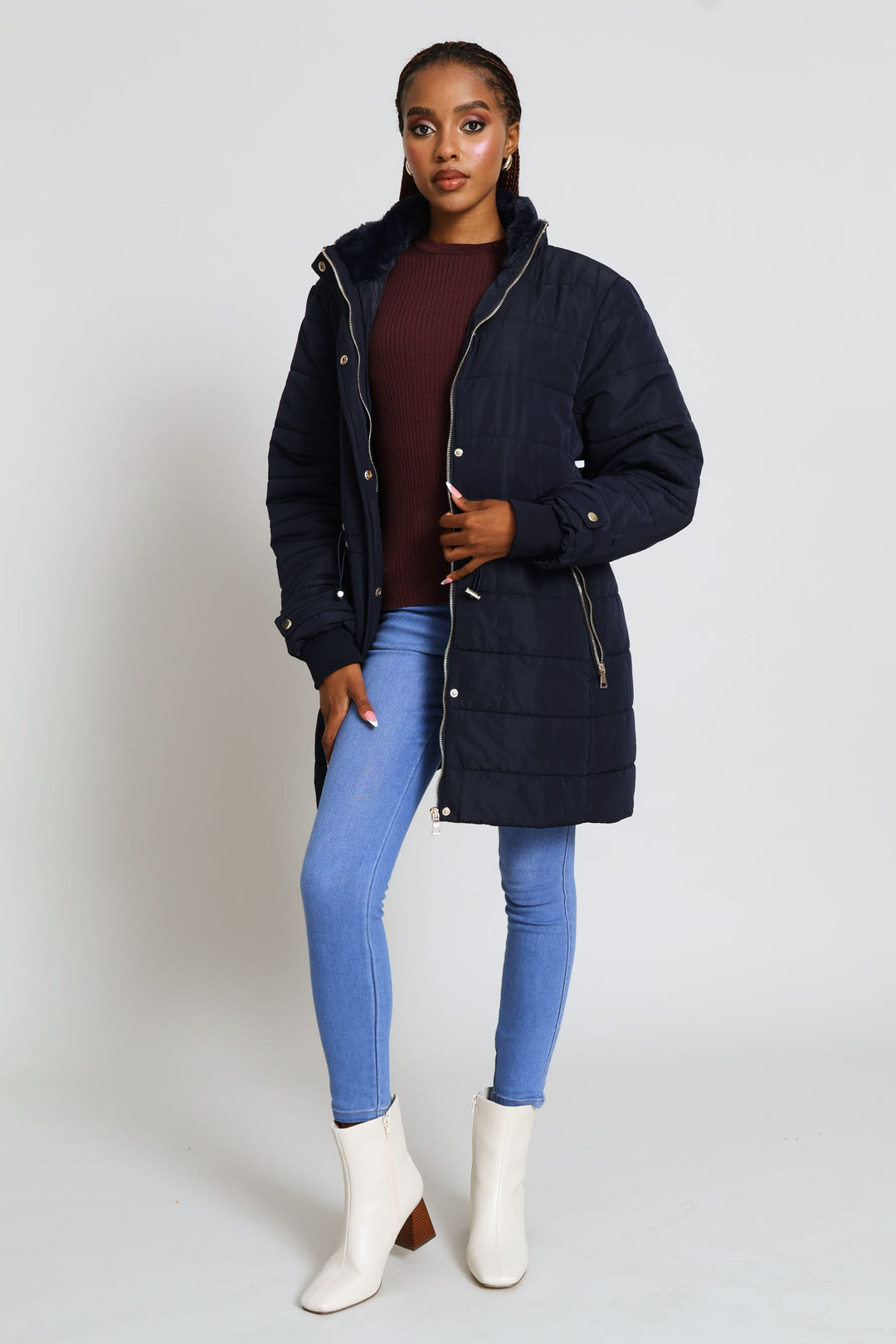 Waisted Quilted Parka Puffer Jacket - Dark Navy