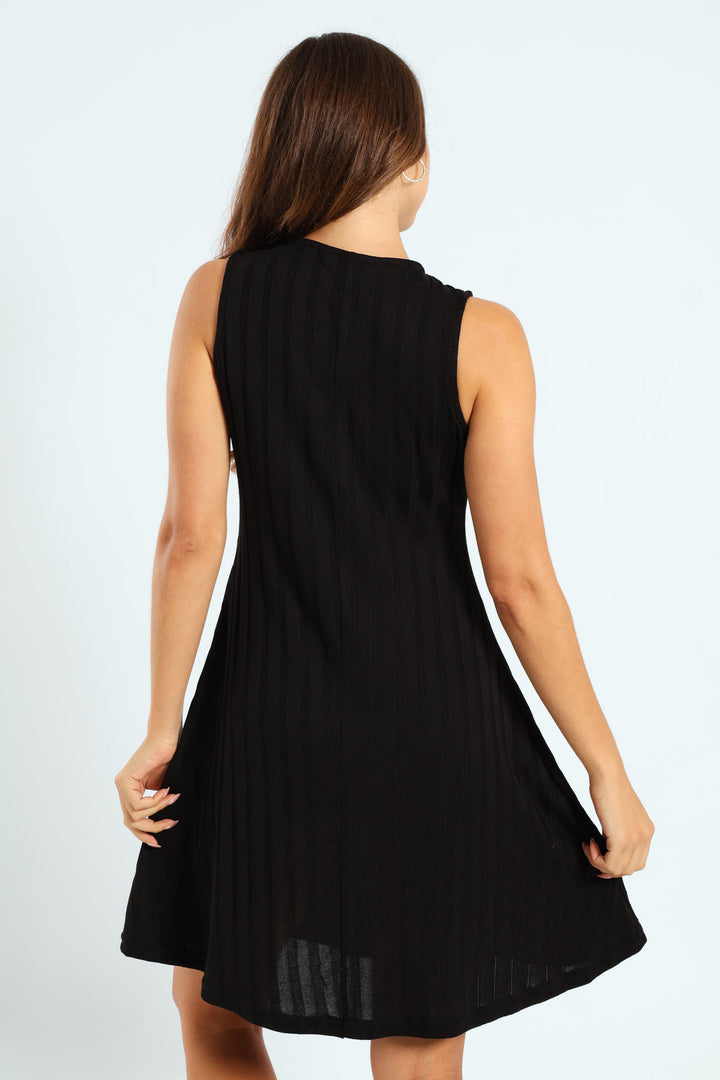 Ribbed Cut & Sew Mini Pinafore Dress - Black