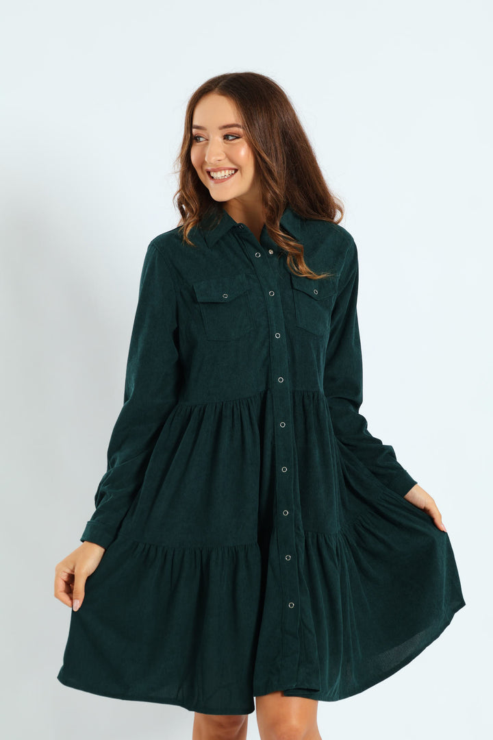 Tiered Corduroy Mini Shirt Dress - Forest Green