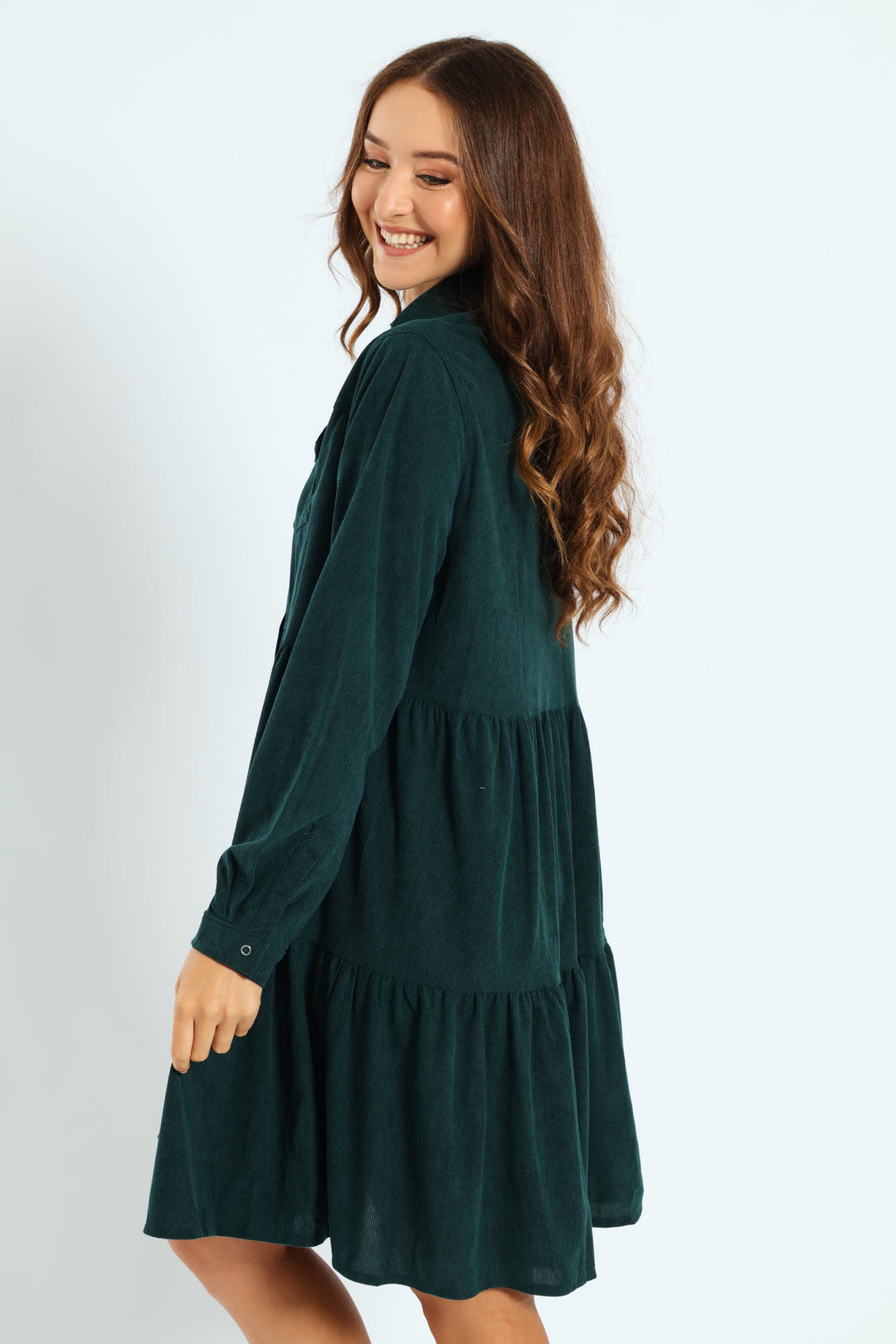 Tiered Corduroy Mini Shirt Dress - Forest Green