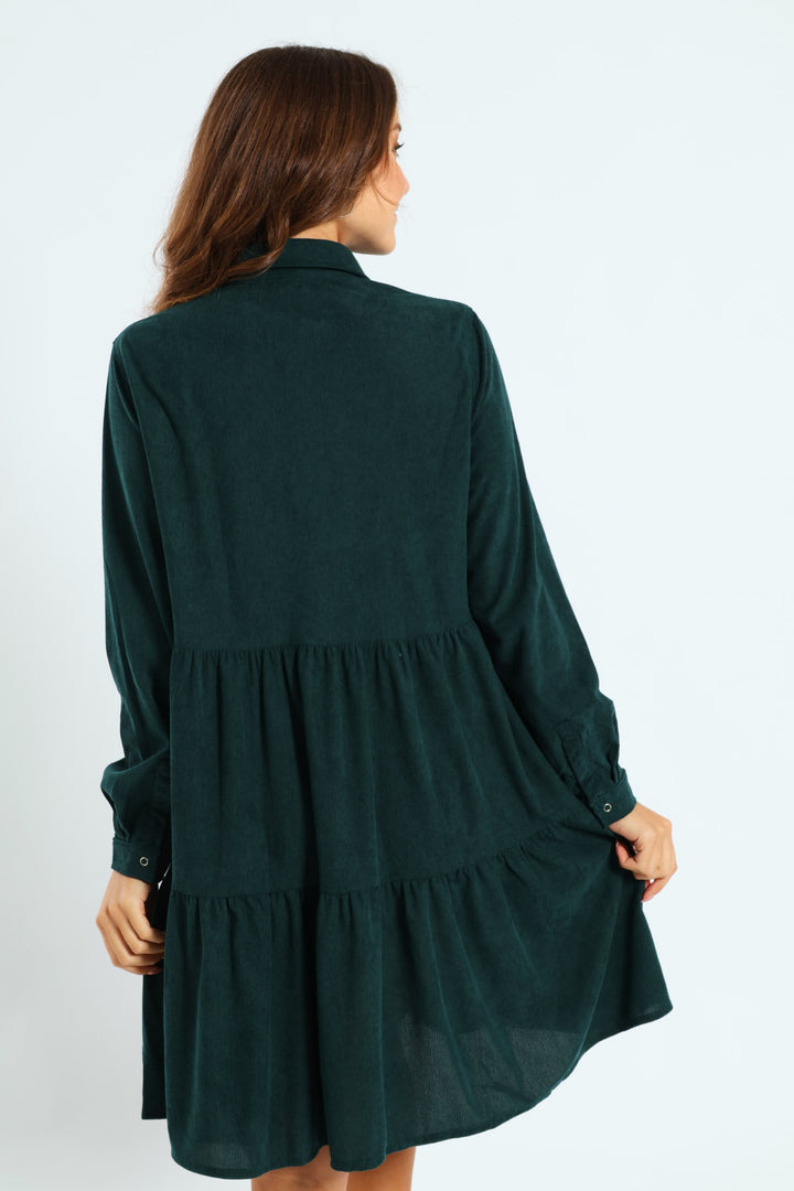 Tiered Corduroy Mini Shirt Dress - Forest Green