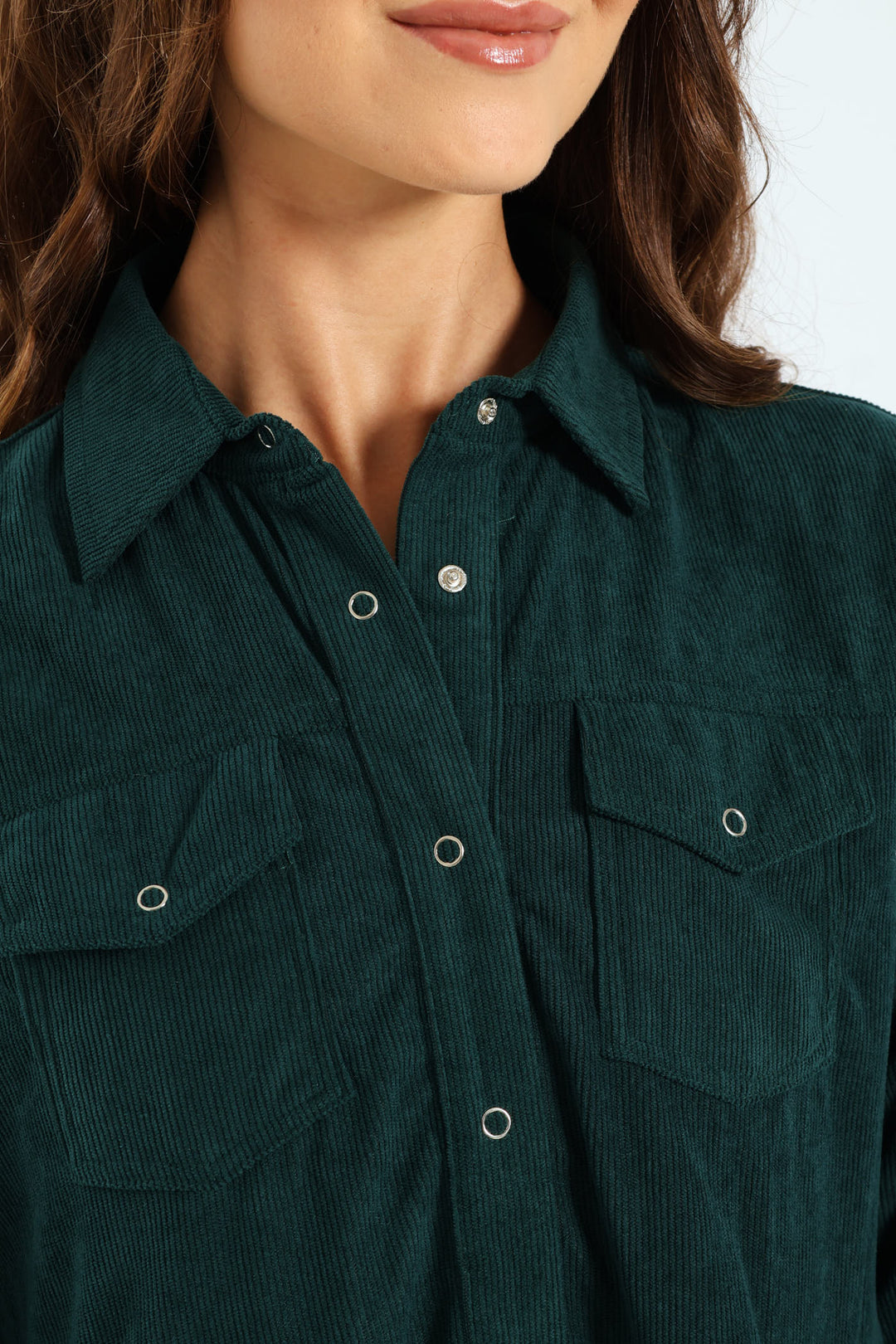 Tiered Corduroy Mini Shirt Dress - Forest Green