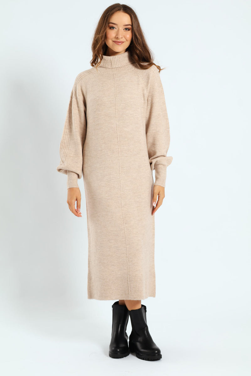 Balloon Sleeve Roll Neck Midi Dress - Oatmeal Melange