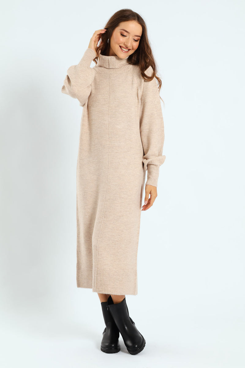 Balloon Sleeve Roll Neck Midi Dress - Oatmeal Melange