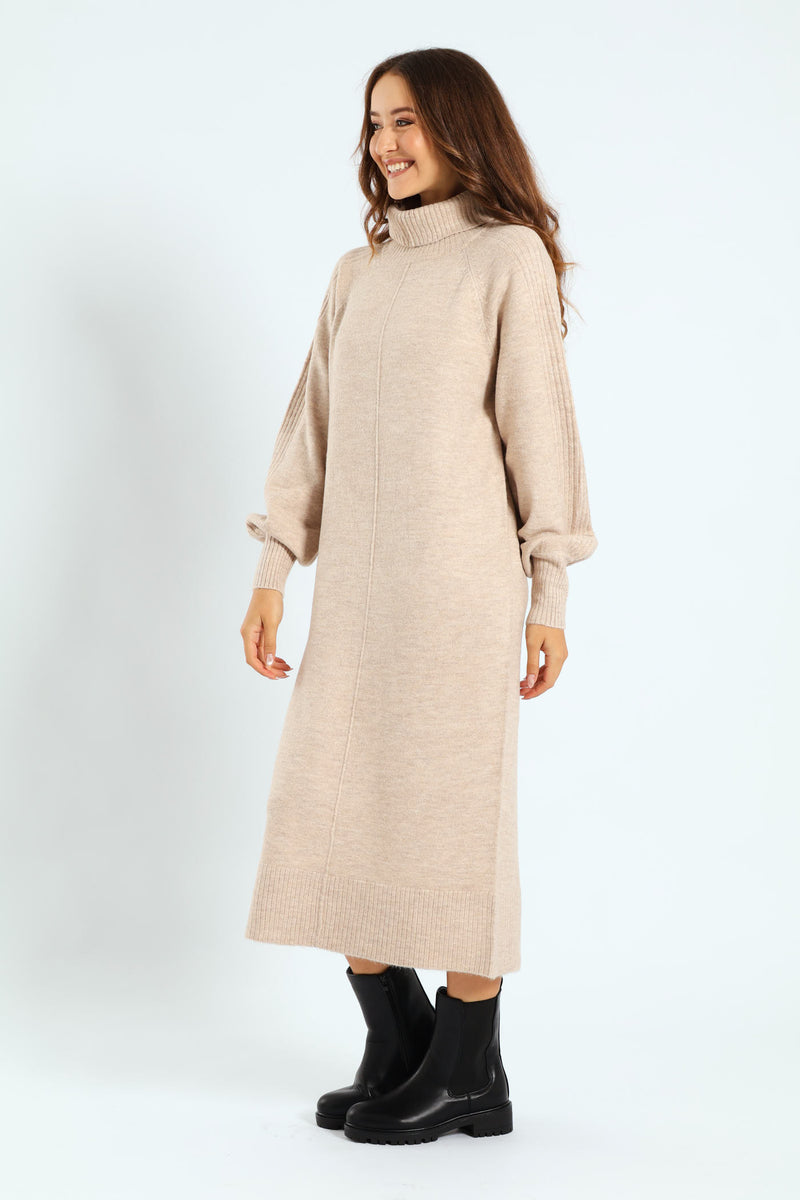 Balloon Sleeve Roll Neck Midi Dress - Oatmeal Melange