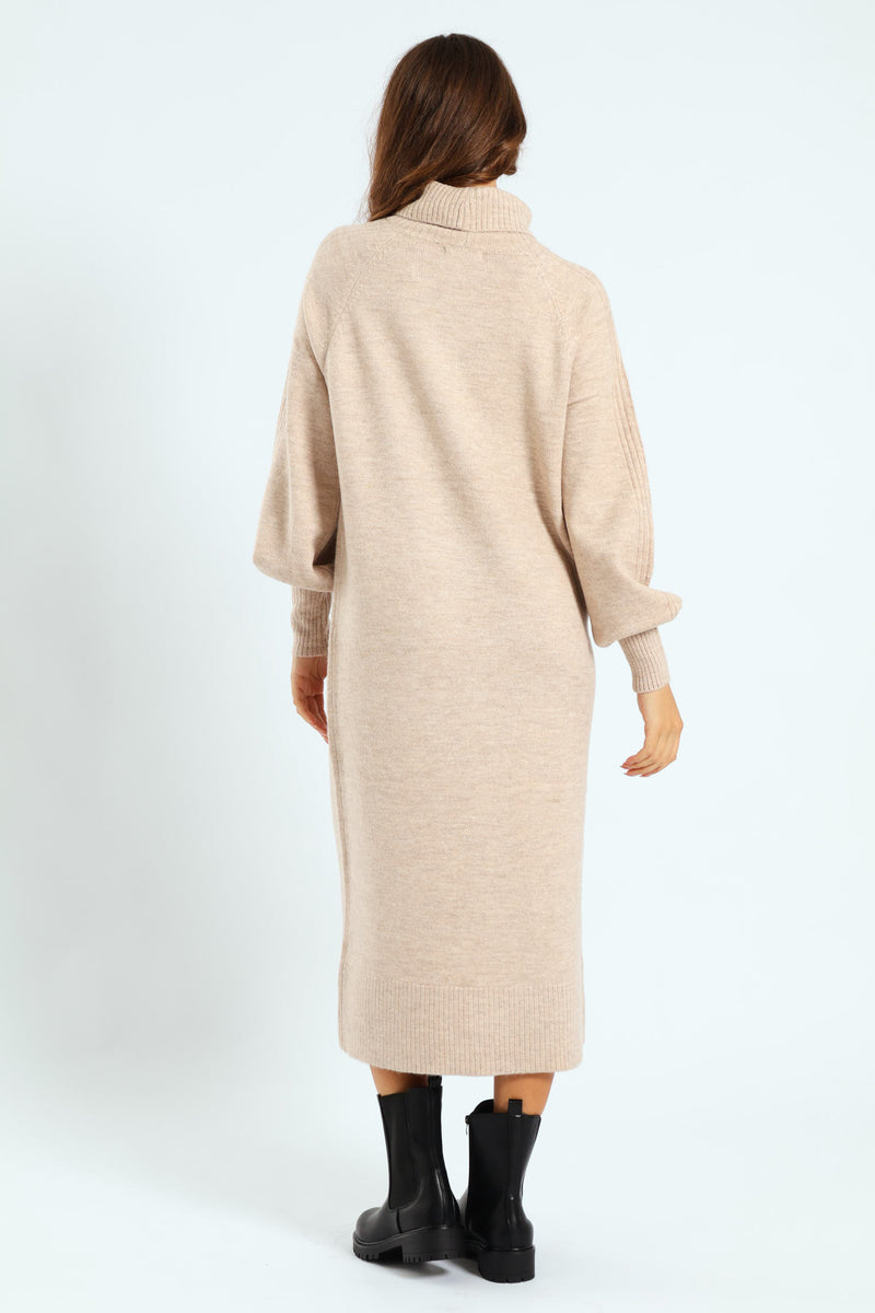 Balloon Sleeve Roll Neck Midi Dress - Oatmeal Melange